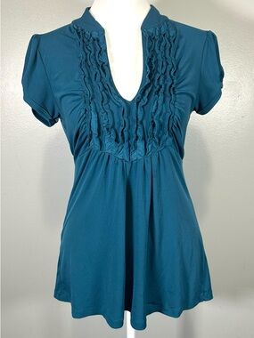 HeartSoul Teal Ruffled V-Neck Short Sleeve Top